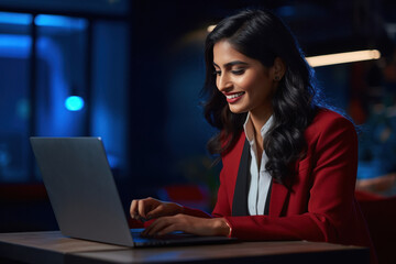 Young businesswoman or corporate employee using laptop at office.