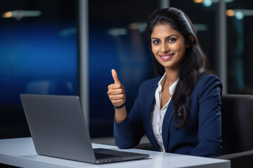 Young businesswoman or corporate employee showing thumps up