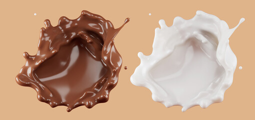 milk and chocolate splash. 3d illustration. Isolated on background. clipping path.