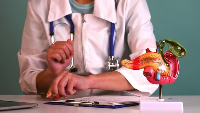Doctor work in office with anatomical model pancreatic folded hands above head like house roof