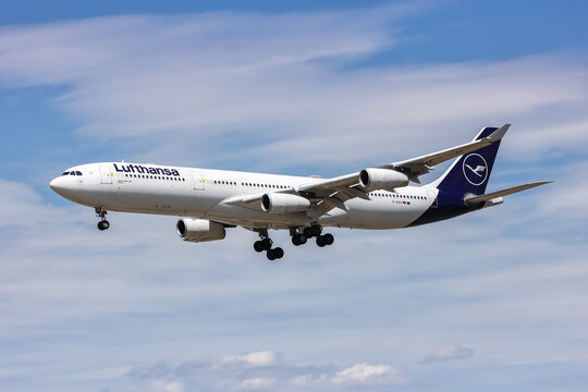 Lufthansa Airbus A340-300 airplane at Frankfurt Airport in Germany