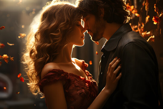 Couple kissing in a day light with
sunlight in woman`s blond hair ai generated art.