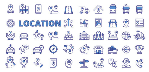 Location icons in line design blue. Map, destination, place, navigation, point, GPS, distance, destination, navigation, road, way, transport, waypoint, icons isolated on white background vector.