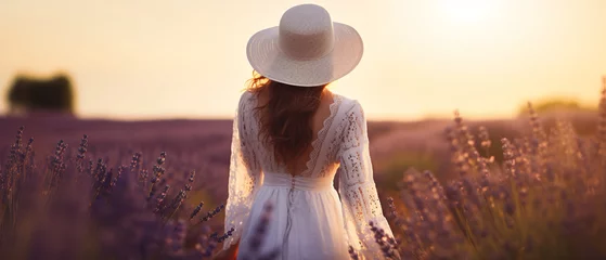  Rear view of a young woman in a white dress and hat walking through a purple lavender field. natural background concept © Ton Photographer4289