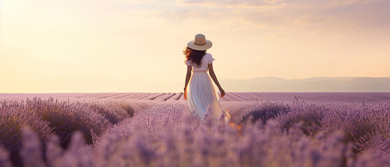 Rear view of a young woman in a white dress and hat walking through a purple lavender field....