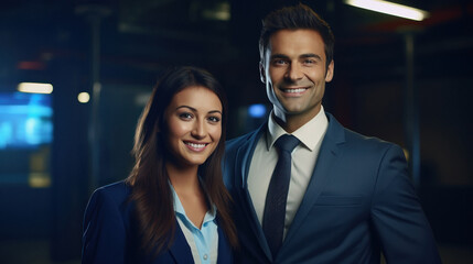 Young businessman standing with female partner or assistant at office
