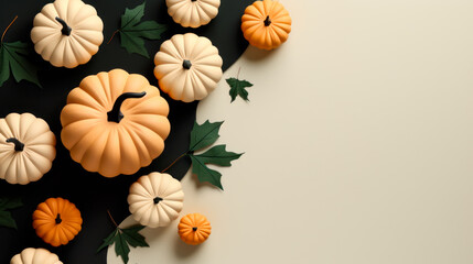 A bunch of pumpkins and leaves in the style of minimalist. Template for Happy Halloween banner with autumn elements