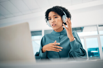 Woman is confused, laptop glitch and headphones, video conference for presentation, tech and online...