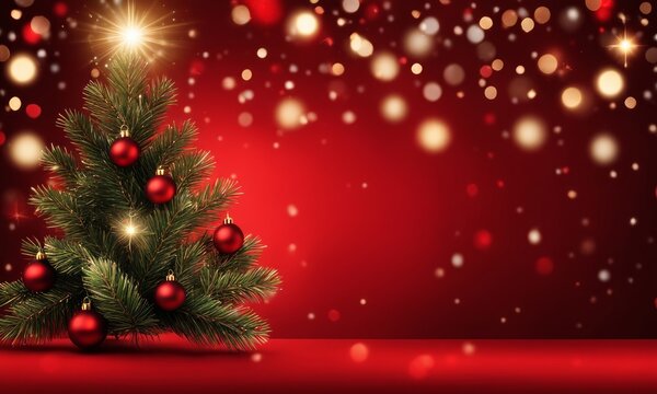 Christmas background with xmas tree and sparkle bokeh lights on red canvas background. Merry christmas card. Winter holiday theme. Happy New Year. Space for, Generative AI