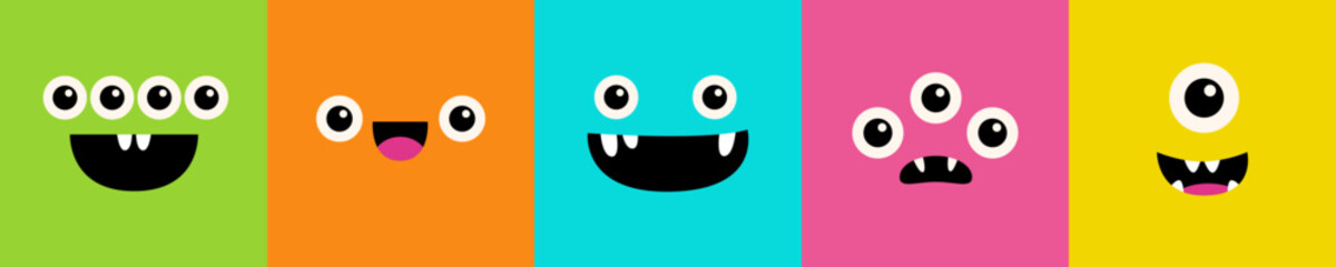 Five monster face set line. Square head. Happy Halloween. Spooky Smiling Boo screaming sad face emotion. Cute character. Eyes, tongue, teeth fang, mouse. Flat design style. Baby kids background.