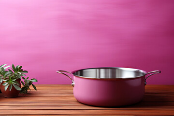 Stainless steel pot on a pink background