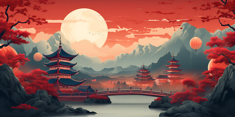 Illustration background nature landscape of china with house, mountains and river