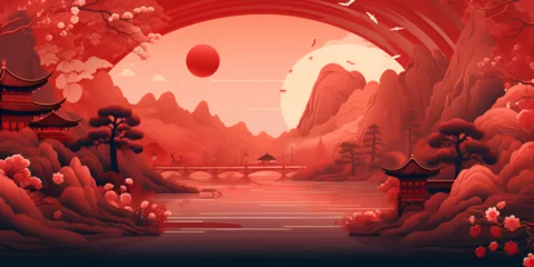 Poster Im Rahmen Abstract red illustration background nature landscape of china  © TatjanaMeininger