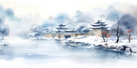 Tuinposter Watercolor illustration of china nature landscape in winter, with snow © TatjanaMeininger