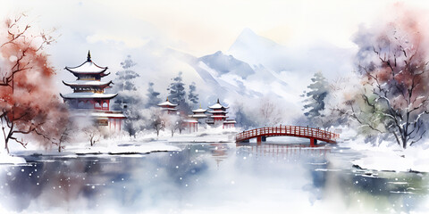 Watercolor illustration of china nature landscape in winter, with snow