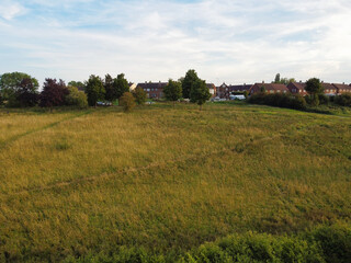 High Angle View of British Landscape Greenbelt Countryside and Animal Farms at Upper Sundon Park Luton, England UK.