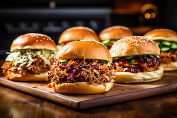 collection of pulled pork sandwiches with different toppings