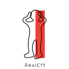 illustration of a person. Line art vector of a man holding his head in his hands. Anxiety and depression abstract art.