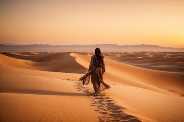 Arabic woman walking on sand dunes at sunset