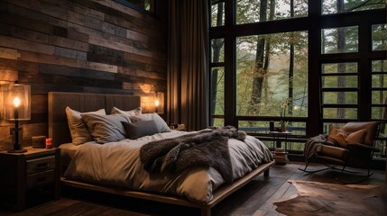 a photo of a bedroom in a rustic cabin style