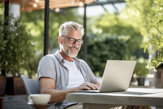 Portrait of a relaxed senior man laughing while using his laptop at home. Modern lifestyle of the elderly people. 