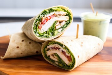 wrap with sliced grilled chicken, lettuce, and caesar dressing - obrazy, fototapety, plakaty
