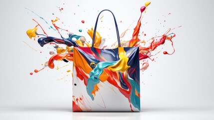 Shopping bag with colorful paint splashes on white background. 3D rendering. 