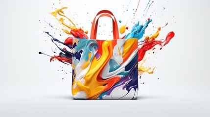 Shopping bag with colorful paint splashes on white background. 3D rendering.  - obrazy, fototapety, plakaty