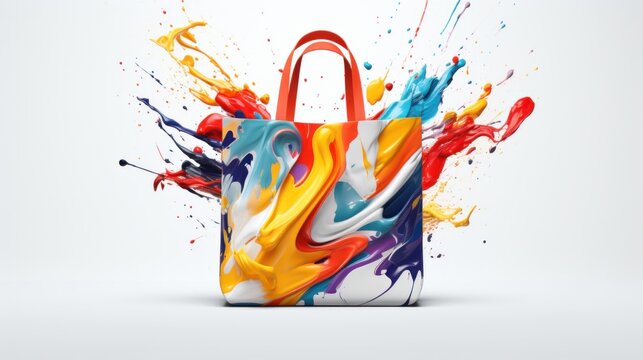 Shopping bag with colorful paint splashes on white background. 3D rendering. 