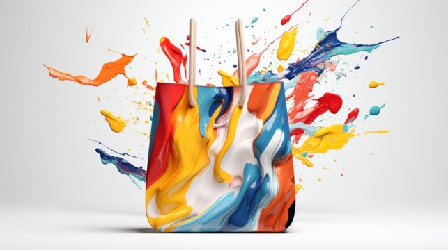 Shopping bag with colorful paint splashes on white background. 3D rendering. 
