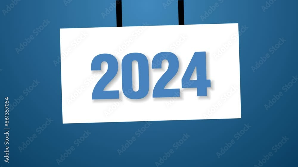 Poster 2024 board pop-up text animation on blue background