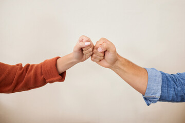 Fist bump, partnership and hands, people in a team with support, celebration and hello, success and...