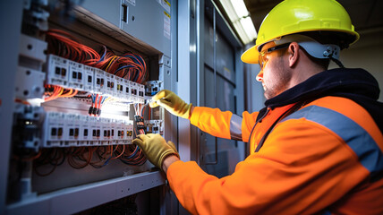 Electrician man installing a electric switchboard system. Construction industry, electrical system.  - obrazy, fototapety, plakaty