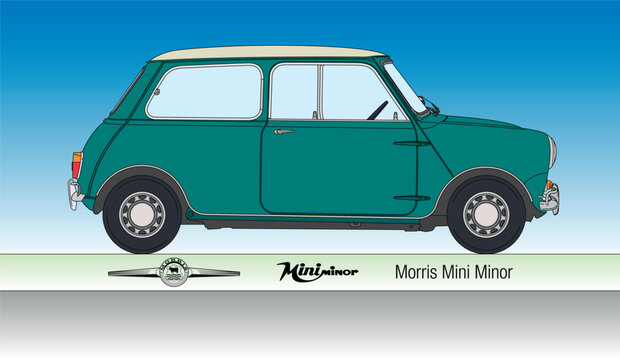 United Kingdom, year 1965, Morris Mini Minor vintage car silhouette coloured, vector illustration