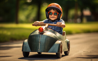 Fototapeta premium Young boy kid participating in a competitive race. He's behind the wheel of his racer car, speeding down a steep hill with determination and a thrill for speed