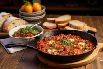 shakshuka with garlic bread on the side on a wooden kitchen island