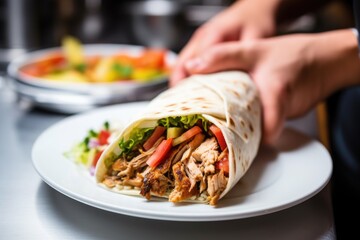 hand placing a freshly made shawarma on a plate