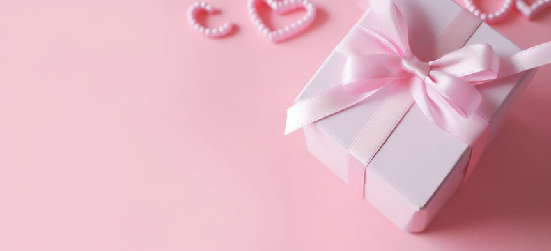 Gift by St, Valentine, pink heart and gift box with a bow on pink background, Romantic card