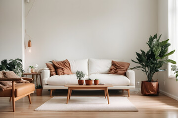 Fototapeta na wymiar Captivating Homeliness Living Room. white color walls, sofa color is brown, wooden small table and plant with copy space