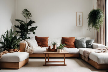 Captivating Homeliness Living Room. white color walls, sofa color is brown, wooden small table and plant with copy space