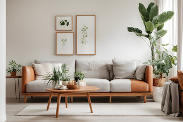 Captivating Homeliness Living Room. white color walls, sofa color is brown, wooden small table and plant with copy space