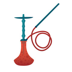 Hookah vector illustration. Cartoon blue hookah calabash with long pipe and red glass bowl for water to smoke, traditional accessory for smoking in lounge bar. Isolated illustration.