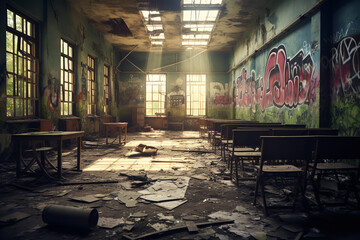 An abandoned school building with boarded-up windows and graffiti, surrounded by debris - obrazy, fototapety, plakaty