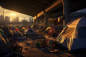 A makeshift tent city under a busy highway overpass, filled with makeshift homes created from tarps and salvaged materials