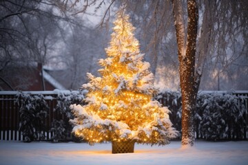 outdoor christmas tree covered in snow, lit up with golden lights
