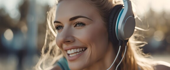 A beautiful  woman in a park wearing headphones getting ready for her morning jog
