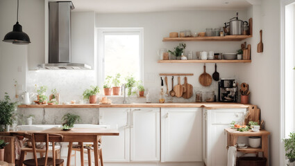 Fototapeta na wymiar Captivating Homeliness small beloved kitchen. walls is white color. Pay attention to all shapes.