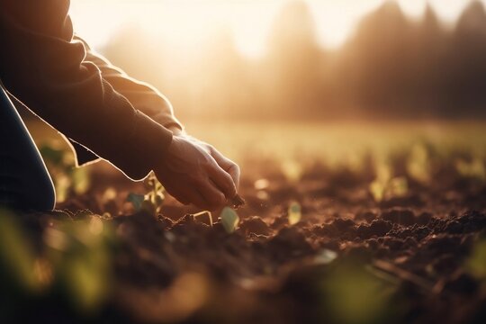 Farmer planting young seedlings golden hour background, generative ai