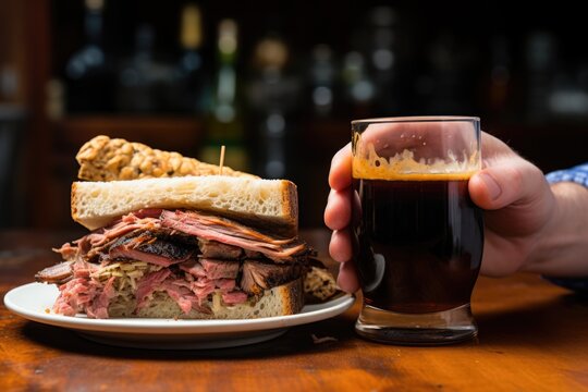 Hand With A Glass Of Stout Next To Beef Brisket Sandwich On A Table