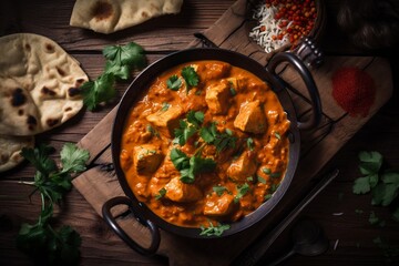 indian chicken tikka masala curry in bowl, copy space, generative ai - obrazy, fototapety, plakaty